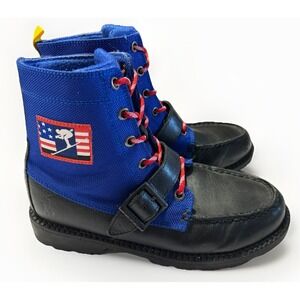Polo Ralph Lauren‎ Boys Combat Boots Leather Canvas Shoes EUC Sz 3.5 Euro 34.5